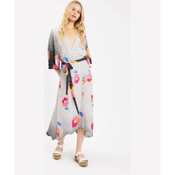 Traffic People • Mary Mary Maxi Wrap Dress mod retro floral rayon flutter sleeve - Picture 1 of 13